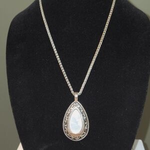 Silver Teardrop Pendant Necklace with Opal Center